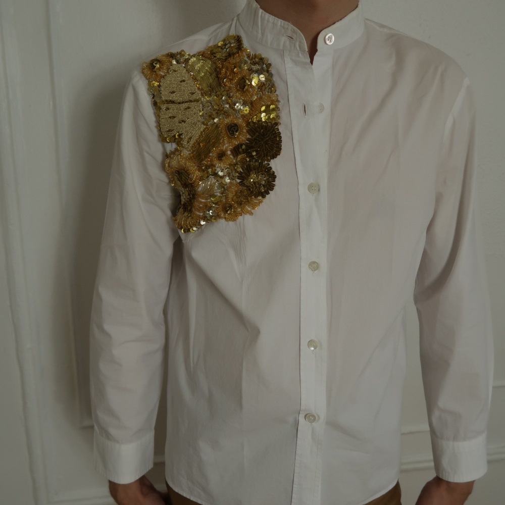 DRIES VAN NOTEN GOLD EMBELISHED WHITE SHIRT